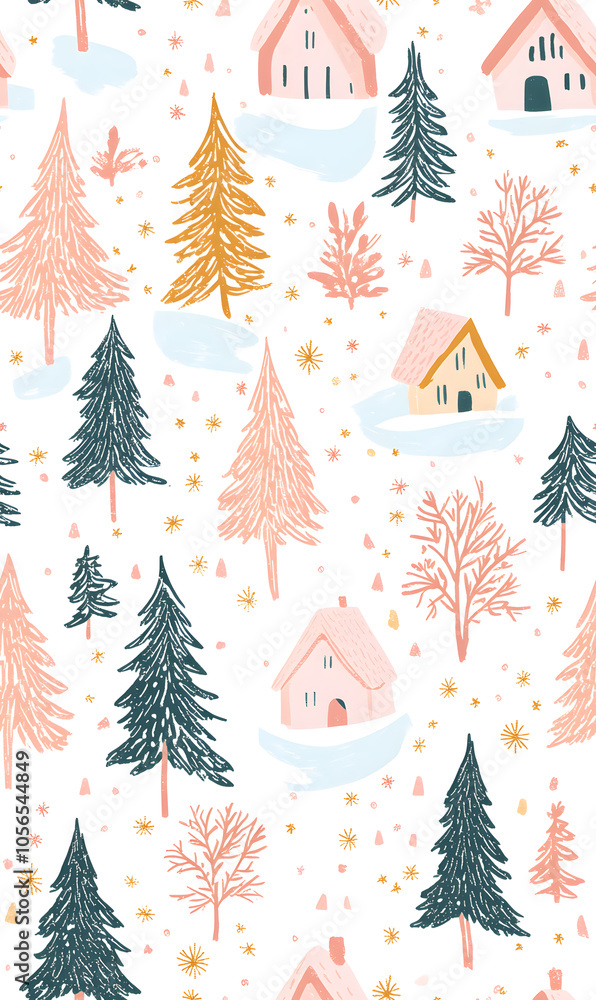 Obraz premium Seamless Pattern Whimsical Christmas and New Year Doodles Featuring Festive Icons, Cozy Winter Scenes, and Seasonal Decorations in Vibrant Colors