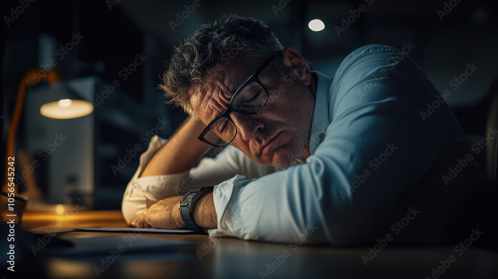 tired man resting at desk under dim light, showcasing exhaustion and stress tired man resting at desk under dim light, showcasing exhaustion and stress
