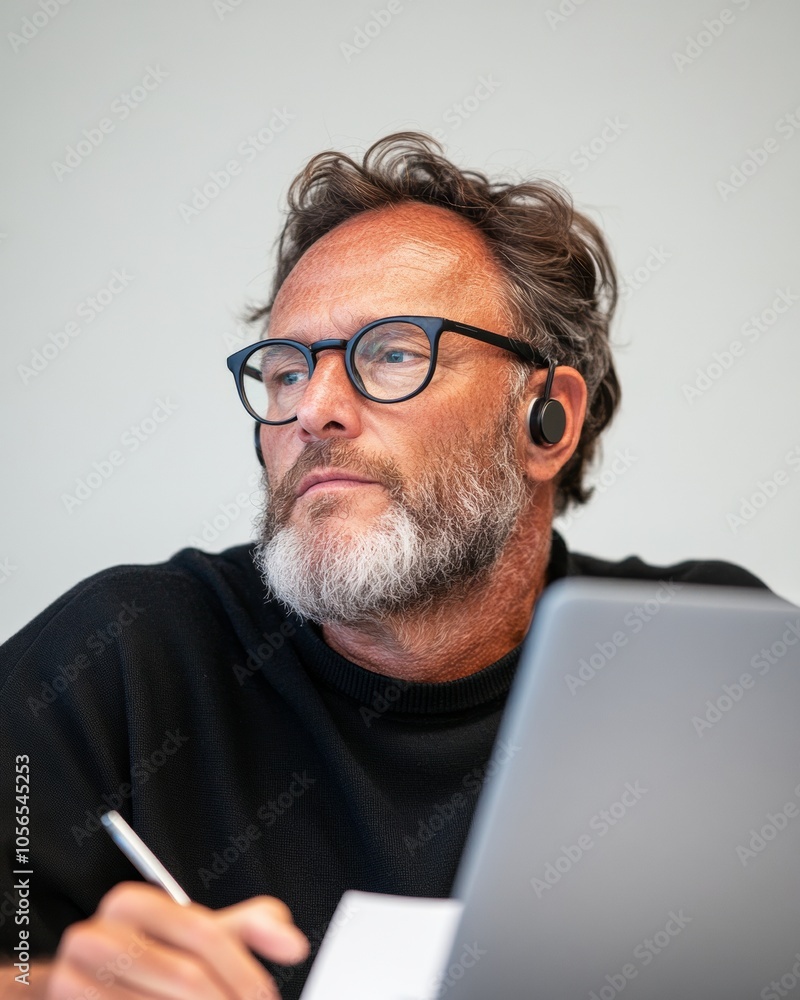 Focused Middle-Aged Man in Hearing Aids Engaged in Online Learning with Professional Setup Focused Middle-Aged Man in Hearing Aids Engaged in Online Learning with Professional Setup