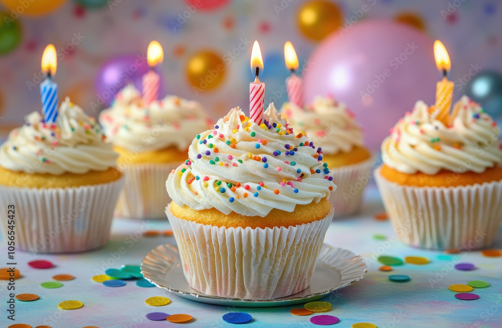 Delicious cupcakes with colorful sprinkles and candles create festive atmosphere Delicious cupcakes with colorful sprinkles and candles create festive atmosphere