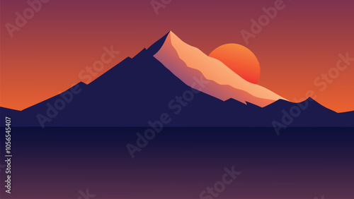 The vibrant colors of sunset illuminate a mountain, which is perfectly reflected in the tranquil water below flat vector illustration.