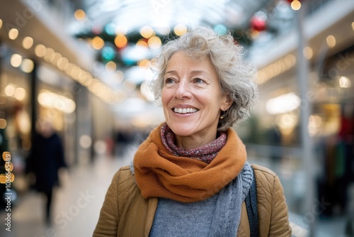 Happy smiling middle aged woman in winter clothes at street Christmas market in Paris 