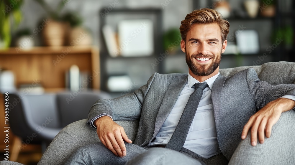 Man in suit relaxing on couch, a portrait of comfort, style, and business casual confidence Man in suit relaxing on couch, a portrait of comfort, style, and business casual confidence