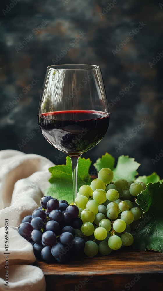 Glass of Red Wine with Grapes on a Wooden Table Glass of Red Wine with Grapes on a Wooden Table