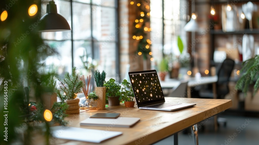 Open office space decorated for Christmas holidays with trees and ornaments, creating warm and festive atmosphere at workplace Open office space decorated for Christmas holidays with trees and ornaments, creating warm and festive atmosphere at workplace