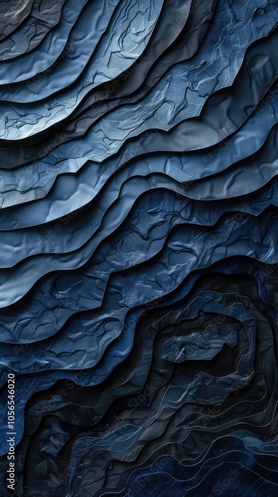 Abstract art design, featuring wavy textures and a deep blue fabric wave on the right side. Abstract art design, featuring wavy textures and a deep blue fabric wave on the right side.