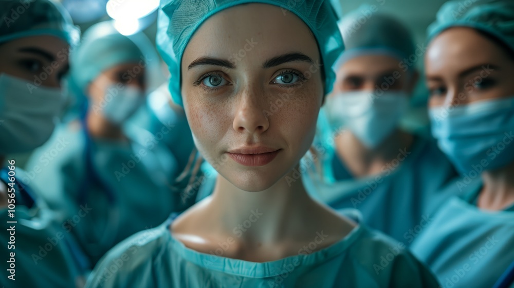A female doctor wearing scrubs and a cap, looking directly at the camera with confidence in an operating room surrounded by other doctors A female doctor wearing scrubs and a cap, looking directly at the camera with confidence in an operating room surrounded by other doctors