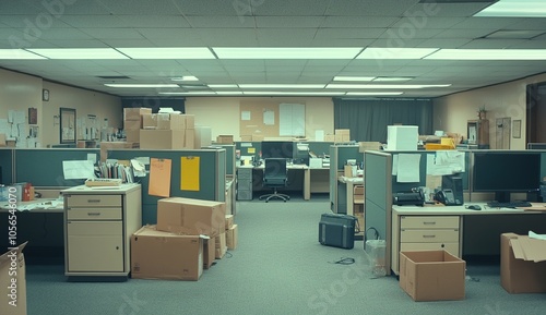 An empty office space with cubicles, desks, and boxes.