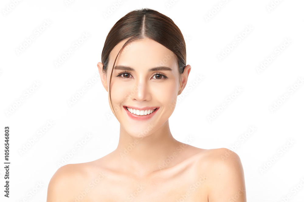 Beautiful smile young woman. White teeth on white background,