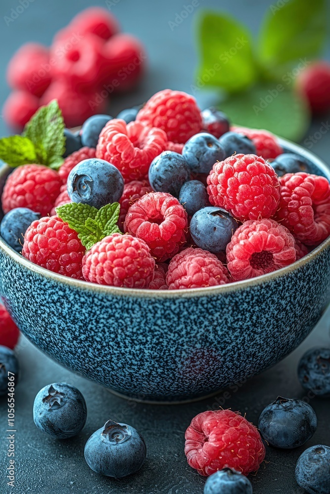 Blue Bowl Filled with Raspberries and Blueberries Blue Bowl Filled with Raspberries and Blueberries
