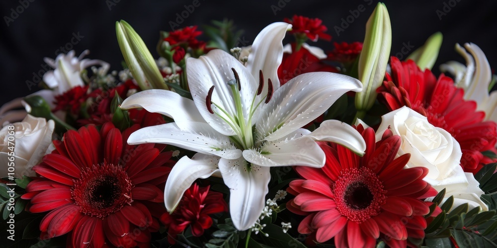 Reflective Memorial Day arrangement adorned with a cluster of white lilies and red gerbera daisies, symbolizing remembrance and fidelity. Reflective Memorial Day arrangement adorned with a cluster of white lilies and red gerbera daisies, symbolizing remembrance and fidelity.
