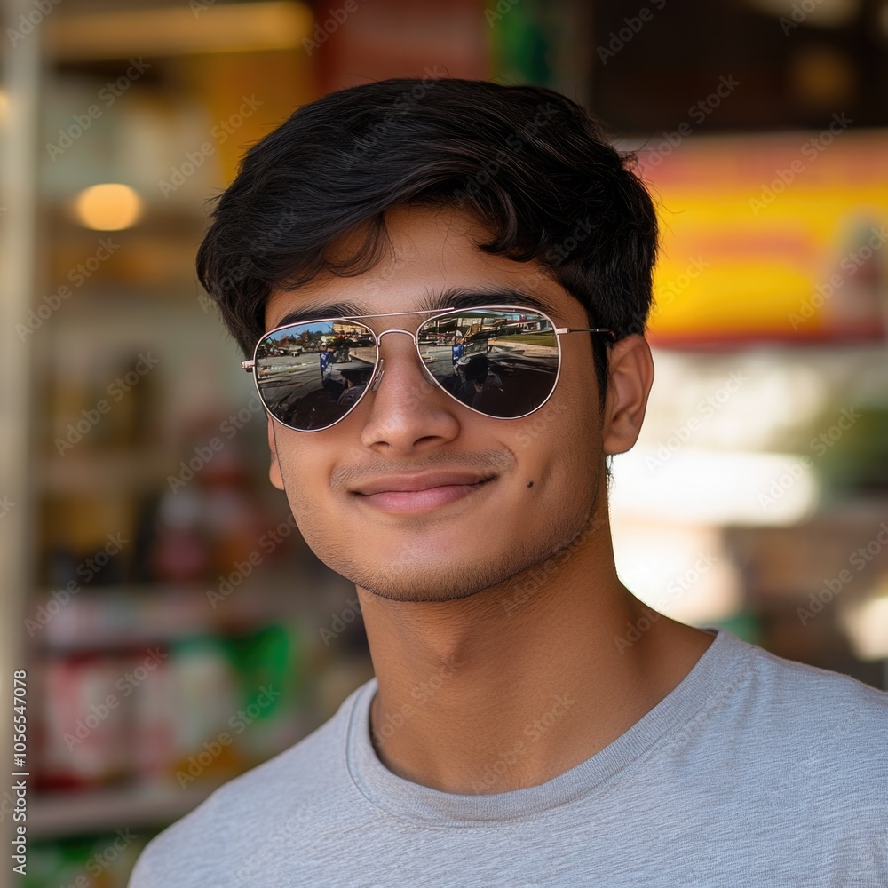 Young man in sunglasses outside store Young man in sunglasses outside store