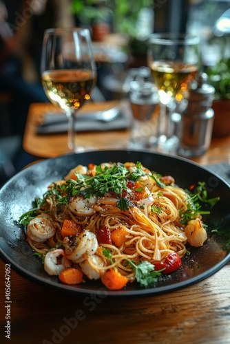 Shrimp and vegetable pasta in a black bowl with a glass of wine in the background