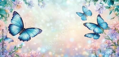 Blue butterflies fly amongst light pink and purple flowers on a pastel colored background.