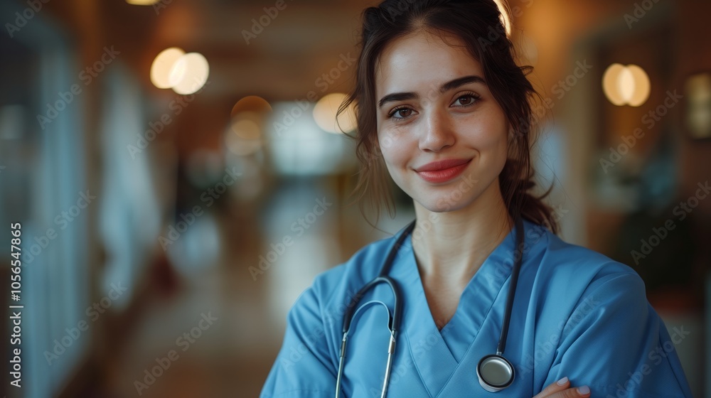 Portrait of smiling young nurse with stethoscope standing in hospital, looking at camera and crossed arms on chest Portrait of smiling young nurse with stethoscope standing in hospital, looking at camera and crossed arms on chest