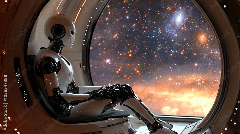 Humanoid robot sitting in a space pod, gazing at a distant galaxy through a window. Humanoid robot sitting in a space pod, gazing at a distant galaxy through a window.