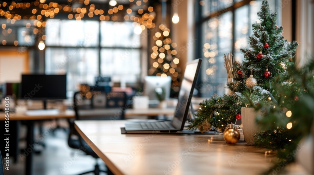 Open office space decorated for Christmas holidays with trees and ornaments, creating warm and festive atmosphere at workplace Open office space decorated for Christmas holidays with trees and ornaments, creating warm and festive atmosphere at workplace