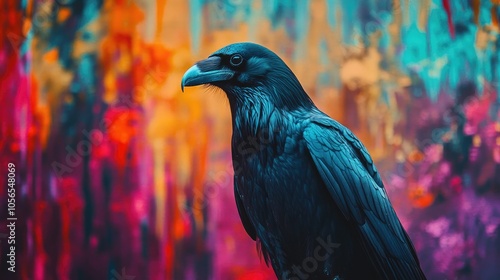 Intense portrait of a griffon crow on a colorful, artistic background, perfect for wildlife and nature themes. photo