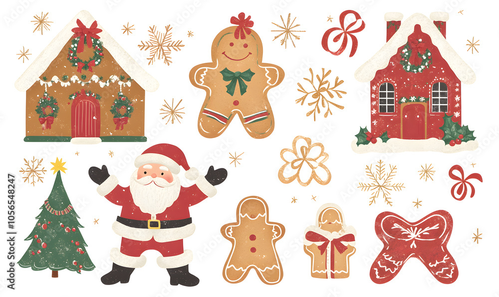 Joyful Christmas and New Year Collection: Santa, Festive Animals, Whimsical Decorations, Cozy Holiday Scenes, and Playful Winter Elements on White Background Joyful Christmas and New Year Collection: Santa, Festive Animals, Whimsical Decorations, Cozy Holiday Scenes, and Playful Winter Elements on White Background