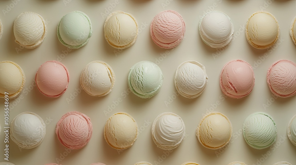Fototapeta premium Minimalist ice cream display with assorted pastel scoops in a grid pattern on a neutral beige background, highlighting color and texture.