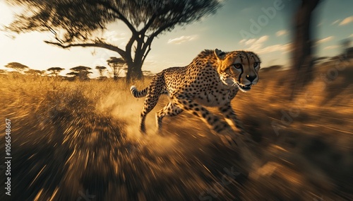 A cheetah runs through tall grass at sunset, with a blurred background, creating a sense of speed.