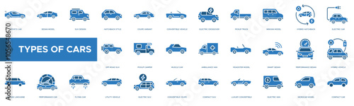 Types of Cars icon. Sports Car, Sedan Model, SUV Design, Hatchback Style and Coupe Variant