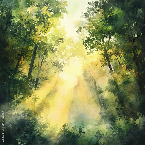 Sunlight breaking through misty forest, watercolor illustration, golden and soft greens,Generative AI