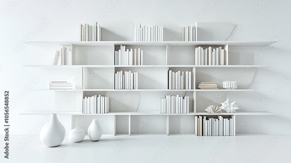 Minimalist white bookshelf against a white background, books and ornaments arranged neatly for a clean, spacious look. Minimalist white bookshelf against a white background, books and ornaments arranged neatly for a clean, spacious look.