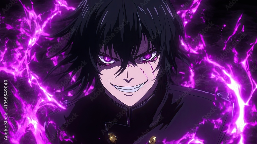 Mischievous anime villain with a smirk, dressed in a dark outfit with vibrant magical effects surrounding them. Mischievous anime villain with a smirk, dressed in a dark outfit with vibrant magical effects surrounding them.