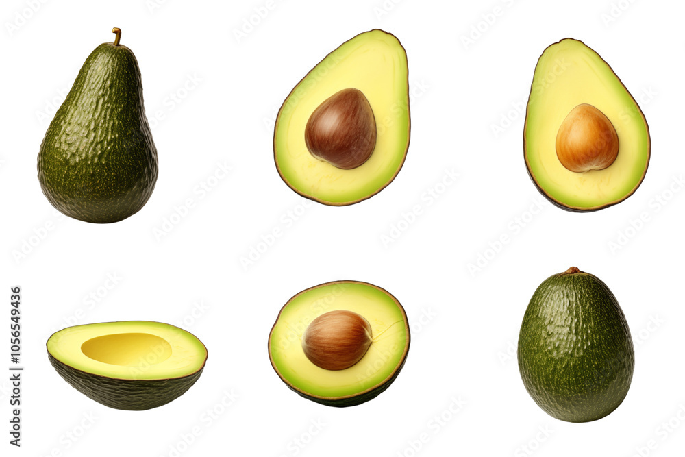 Fresh avocado collection with whole and sliced views, highlighting vibrant green flesh and brown pit. Perfect for culinary and health related content. Fresh avocado collection with whole and sliced views, highlighting vibrant green flesh and brown pit. Perfect for culinary and health related content.