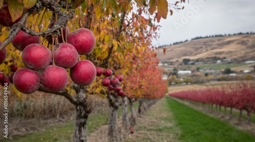 Ripe red apples hanging on a branch in an orchard, picturesque image of fruitladen apple tree branch. photo