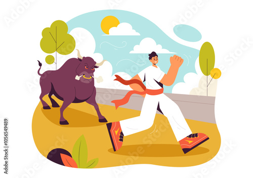 Running of the Bulls Vector Illustration featuring a Bullfighting Competition and Bulls Chasing in an Arena with a Flat Style Cartoon Background