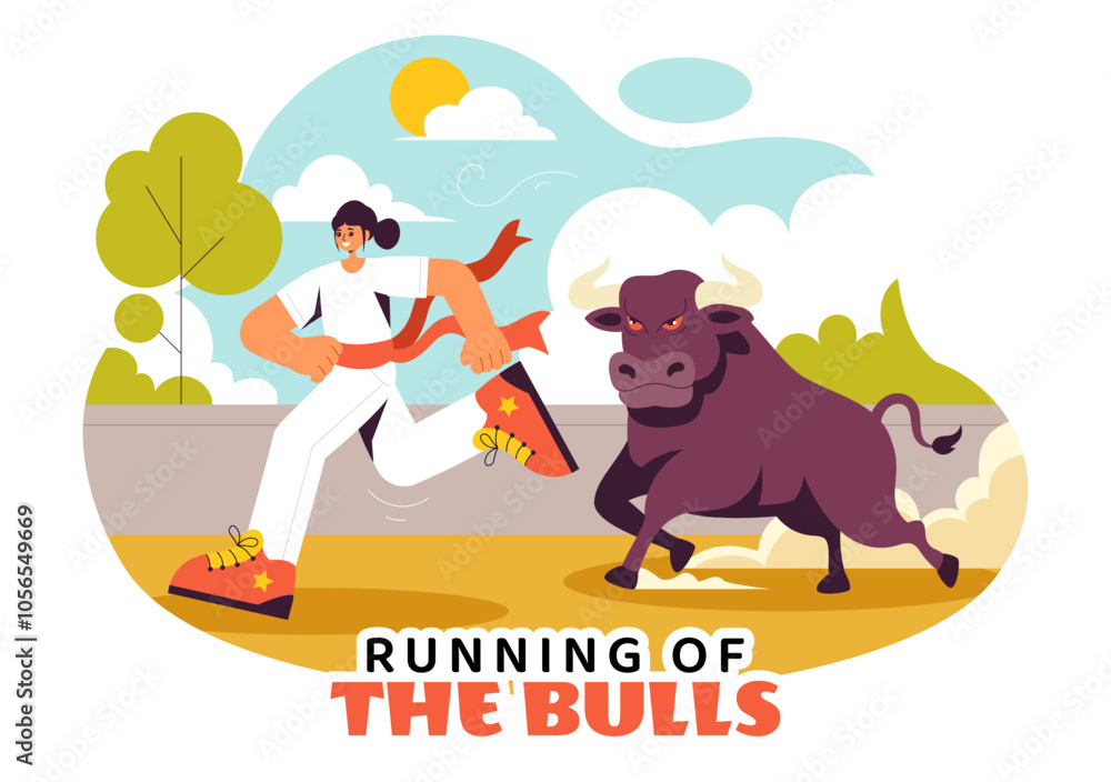 Running of the Bulls Vector Illustration featuring a Bullfighting Competition and Bulls Chasing in an Arena with a Flat Style Cartoon Background Running of the Bulls Vector Illustration featuring a Bullfighting Competition and Bulls Chasing in an Arena with a Flat Style Cartoon Background