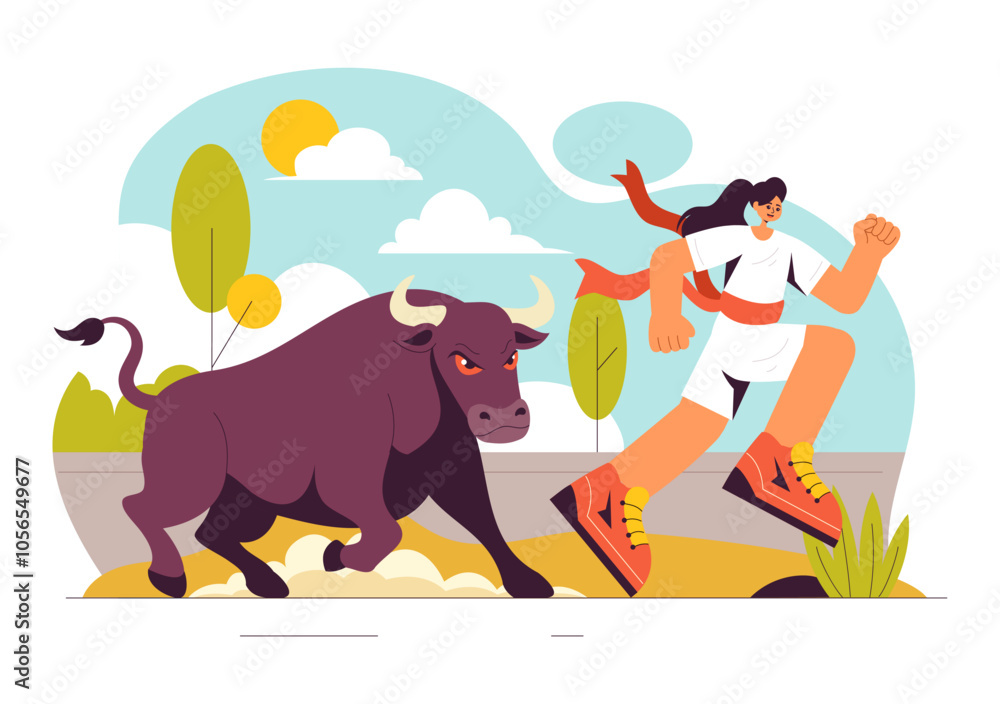 Obraz premium Running of the Bulls Vector Illustration featuring a Bullfighting Competition and Bulls Chasing in an Arena with a Flat Style Cartoon Background
