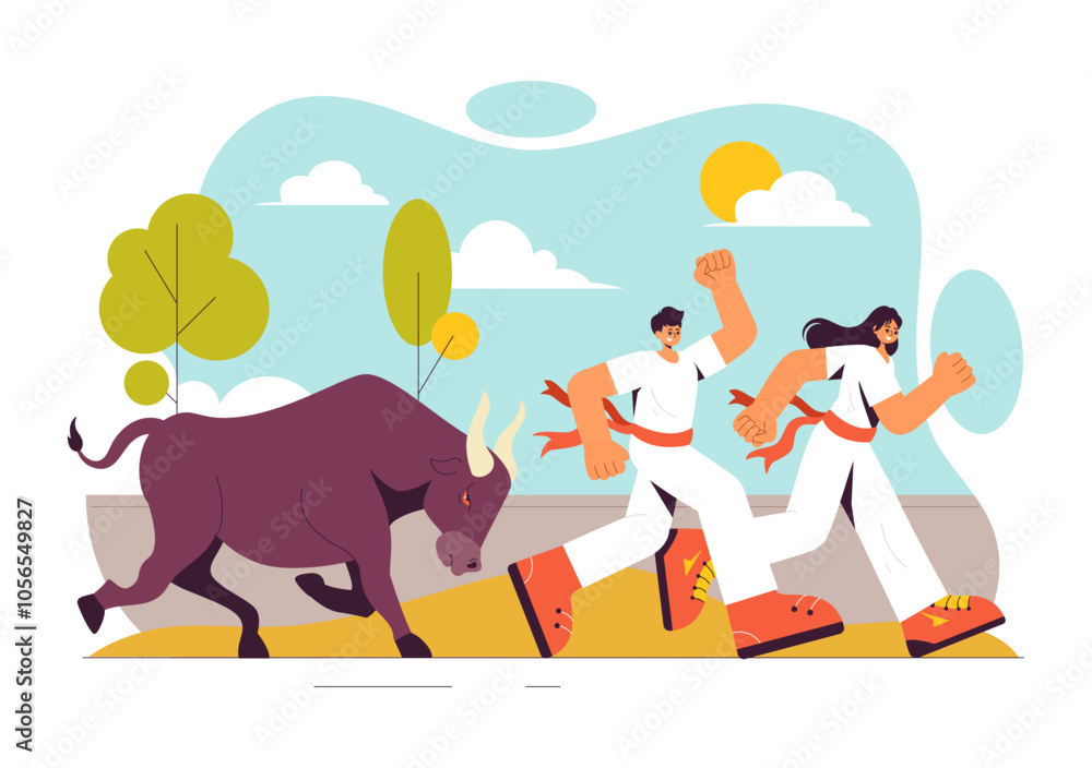 Naklejka premium Running of the Bulls Vector Illustration featuring a Bullfighting Competition and Bulls Chasing in an Arena with a Flat Style Cartoon Background