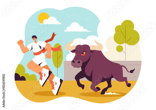 Running of the Bulls Vector Illustration featuring a Bullfighting Competition and Bulls Chasing in an Arena with a Flat Style Cartoon Background