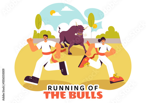 Running of the Bulls Vector Illustration featuring a Bullfighting Competition and Bulls Chasing in an Arena with a Flat Style Cartoon Background