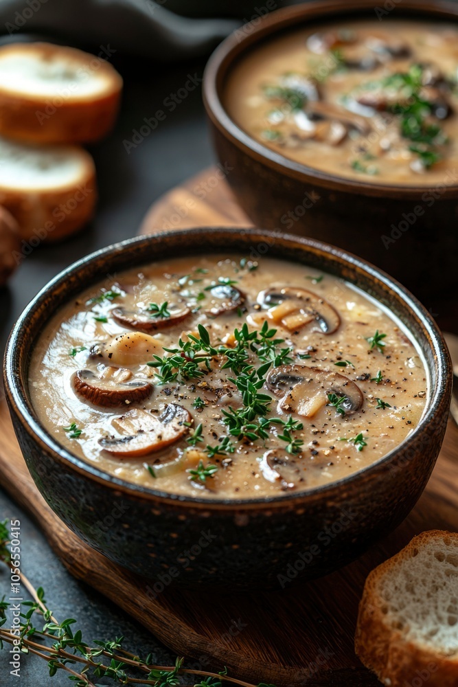 Creamy Mushroom Soup with Thyme and Pepper Garnish Creamy Mushroom Soup with Thyme and Pepper Garnish