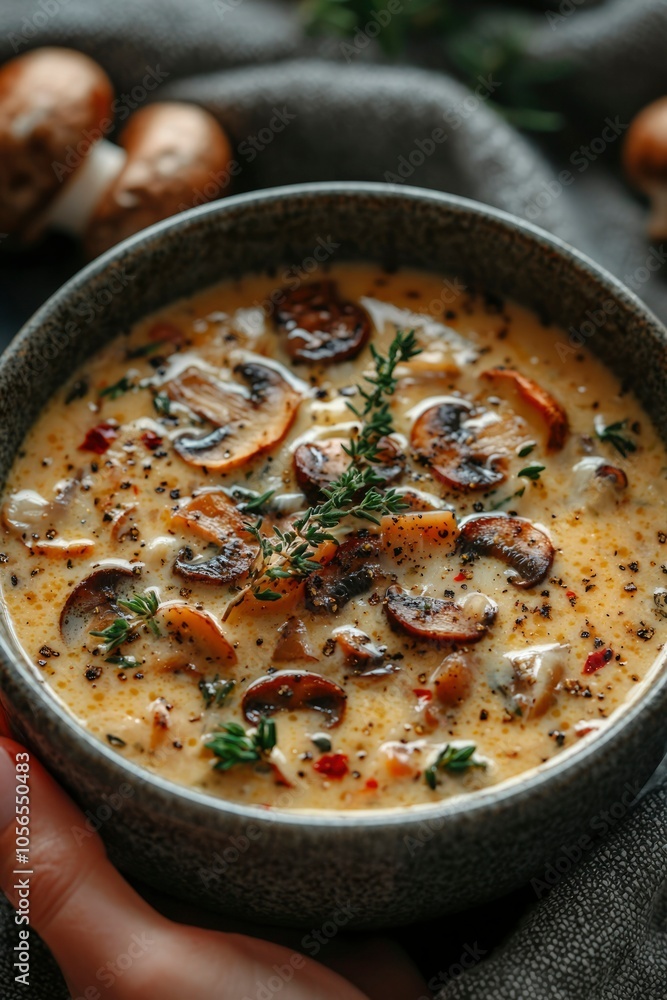 Creamy Mushroom Soup with Thyme and Pepper in a Gray Bowl Creamy Mushroom Soup with Thyme and Pepper in a Gray Bowl