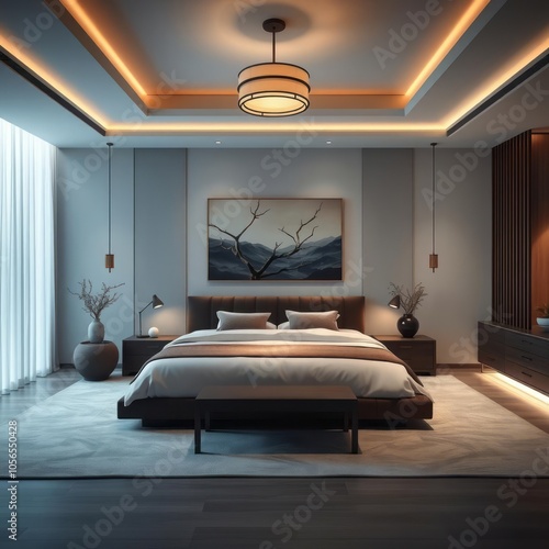 Elegant master bedroom soft ambient lighting asianinspired decor centered composition serene atmosphere master bedroom Ultra realistic  photo