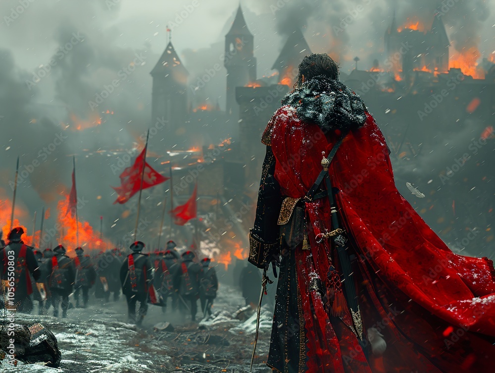 Fototapeta premium Medieval Warfare: A Soldier's Back Amidst Burning City