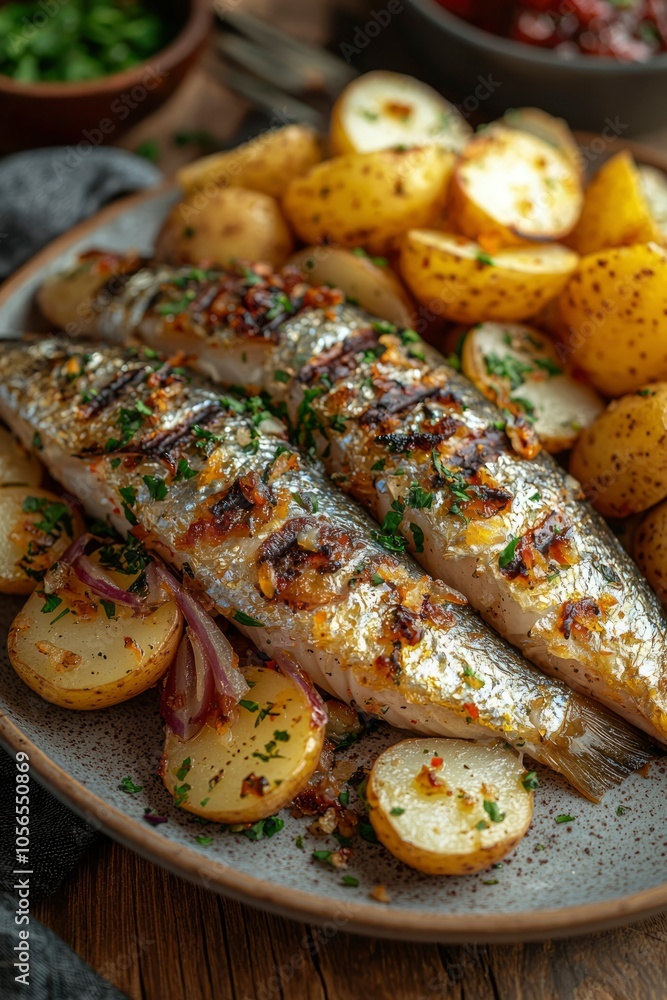 Baked Fish with Potatoes, Red Onion, and Herbs on a Plate Baked Fish with Potatoes, Red Onion, and Herbs on a Plate