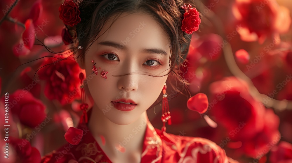 A beautiful Chinese woman wearing red Hanfu A beautiful Chinese woman wearing red Hanfu