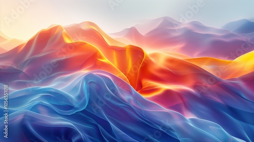 3D rendering, gradient color background with light blue and orange waves, flowing lines of abstract landscape