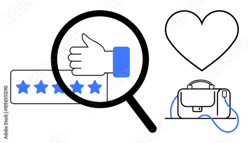 Magnifying glass highlighting thumbs up, five-star rating, heart, and briefcase. Ideal for customer reviews, quality rating, satisfaction, feedback, loyalty, business services, and professional