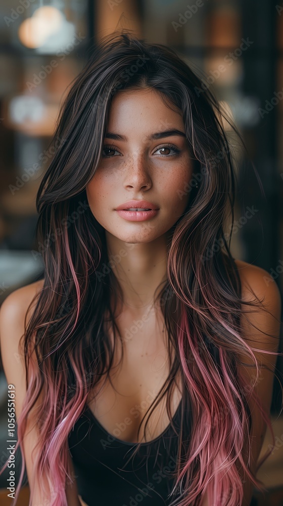 A photo of an attractive American woman with long dark brown hair, with pink ombre color in the roots, looking at the camera A photo of an attractive American woman with long dark brown hair, with pink ombre color in the roots, looking at the camera