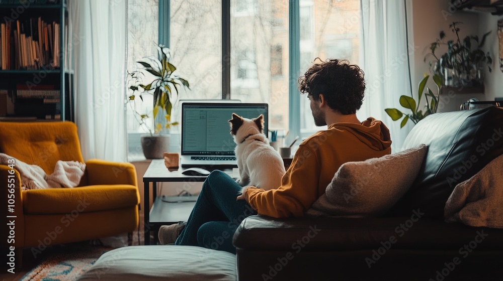 Man working from home sitting on sofa with dog looking at laptop Man working from home sitting on sofa with dog looking at laptop