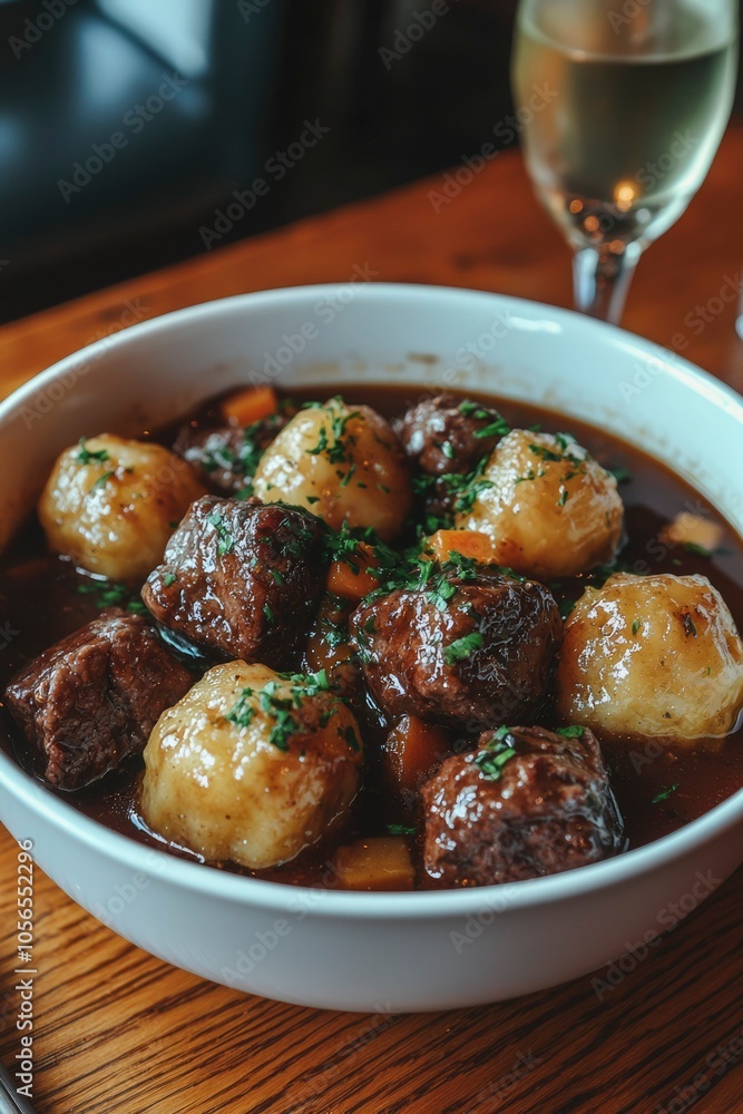 Beef Stew with Potatoes and Parsley in a White Bowl Beef Stew with Potatoes and Parsley in a White Bowl