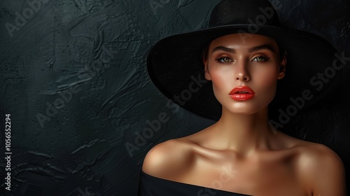 A lady in a black hat on a black background . Portrait of an elegant woman with makeup in a black hat on a black background