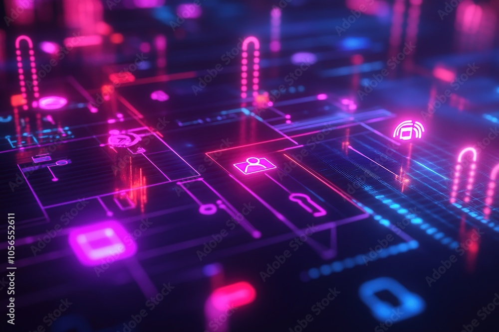 Abstract digital network with glowing icons and lines. Abstract digital network with glowing icons and lines.